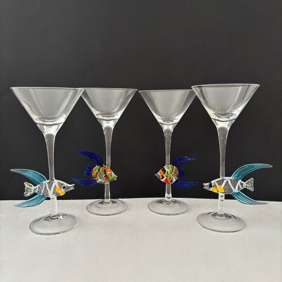 Murano Martini Fish Stem Martini Glasses Set 4 Tropical Barware Island Cocktail - Picture 1 of 8